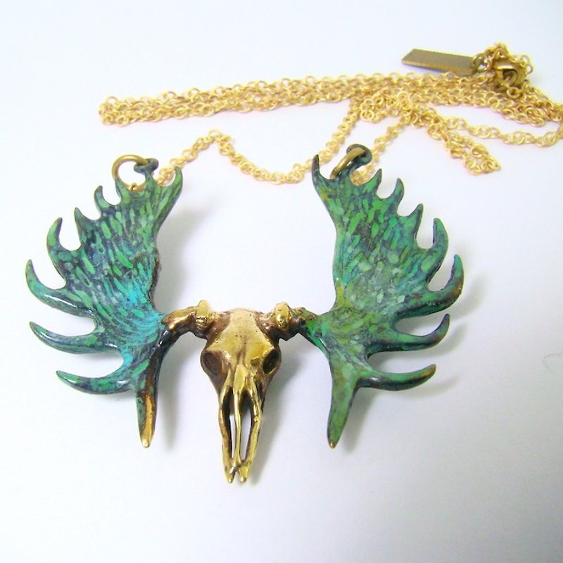 Moose skull pendant in brass with green patina color and oxidized antique color ,Rocker jewelry ,Skull jewelry,Biker jewelry - Necklaces - Other Metals 