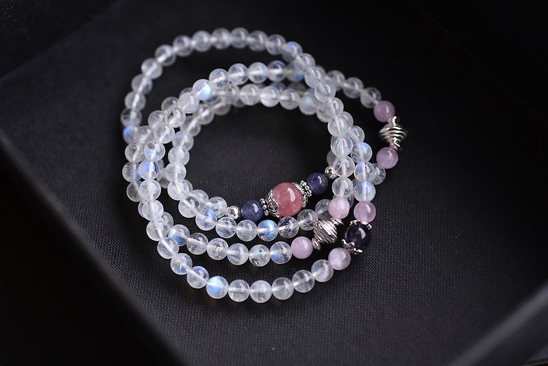 Danquan stone + purple spodumene + powder crystal + moonstone 108 rosary beads / multi-circle bracelet - สร้อยข้อมือ - คริสตัล สีใส