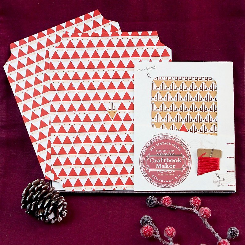 Christmas Edition Craftbook Maker (Bind Your Own Notebook Kit) - Santa And Deer Pattern - Wood, Bamboo & Paper - Paper Red
