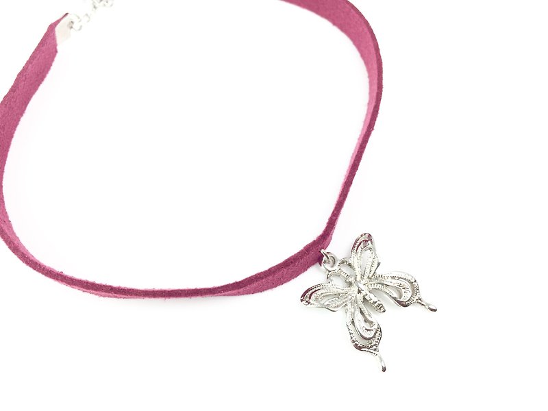 銀色蝴蝶-紫桃粗版頸鍊 - 項鍊 - 真皮 粉紅色