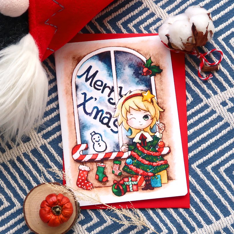 【Pin】クリスマスガール│印刷水彩画│クリスマスカード│封筒の色は選べます - カード・はがき - 紙 多色
