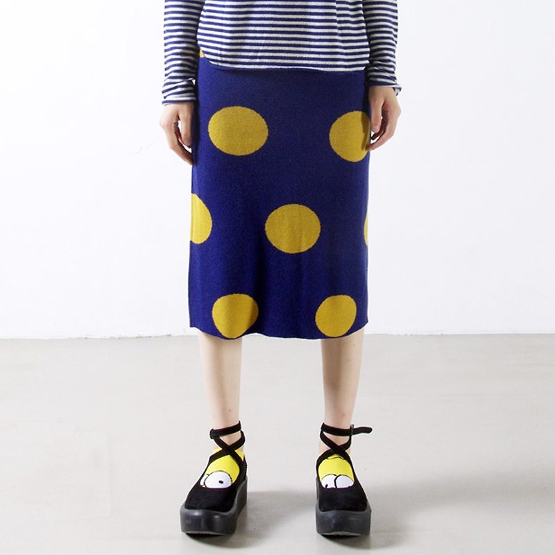撞色黃點點藍色羊毛半身裙 - imakokoni - 裙子/長裙 - 羊毛 藍色
