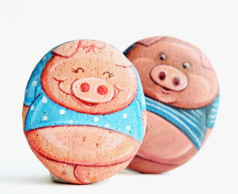 Pigs couple stone painting. - Other - Waterproof Material Pink