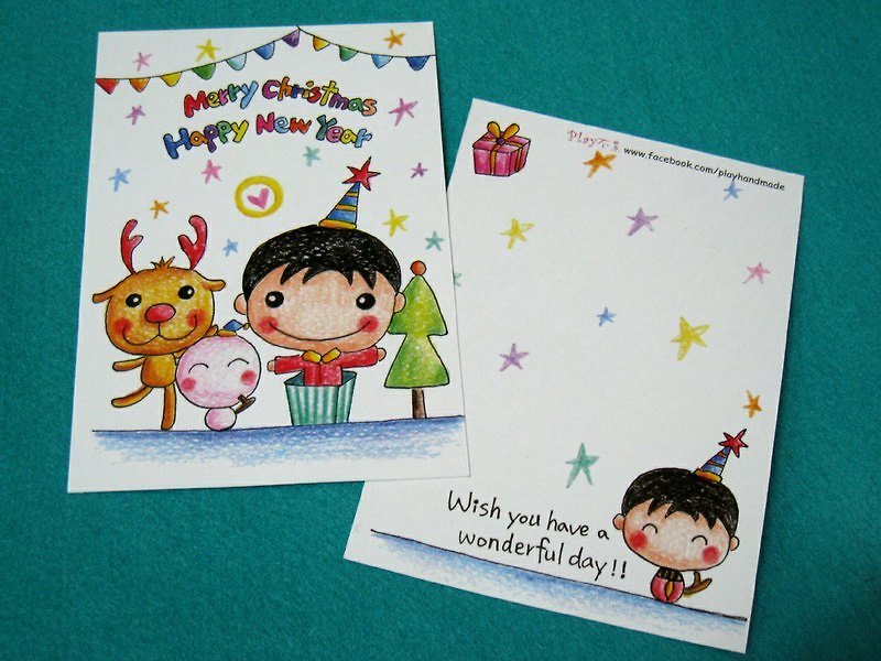 Illustration postcard_Christmas card/New Year's card (gift for boys) - Cards & Postcards - Paper White