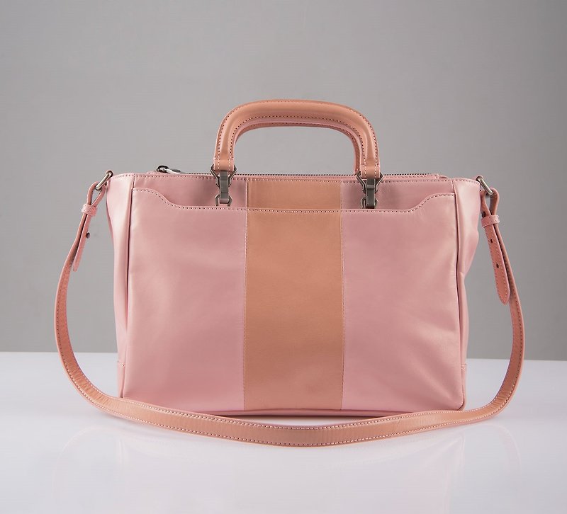 [HANDOS] Pink Lady pink two-color stitching shoulder bag (sample clear) - กระเป๋าแมสเซนเจอร์ - หนังแท้ สึชมพู