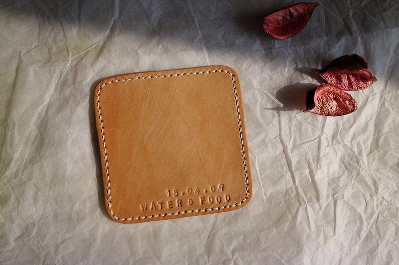 Small Tile / hand-stitched leather cup mat _ _ Custom Print - ที่รองแก้ว - หนังแท้ 