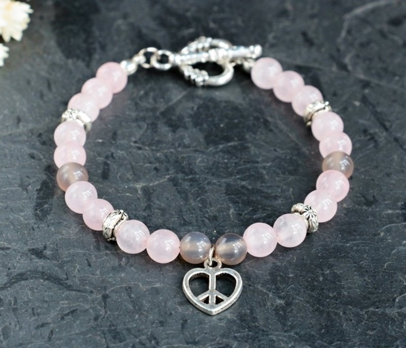 Love Peace Keeper gray agate bracelet rose quartz x FitterHandmade natural stone Hands minimalist geometry personalized Christmas Valentine's Day gift birthday gift exchange - สร้อยข้อมือ - เครื่องเพชรพลอย 