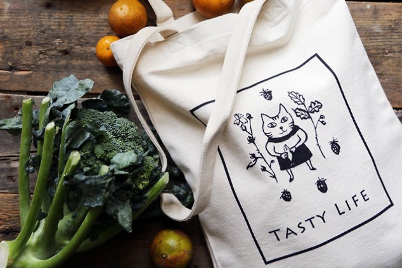 Yummy Life-Kitten Eco Linen Shopping Bag - กระเป๋าแมสเซนเจอร์ - ผ้าฝ้าย/ผ้าลินิน ขาว