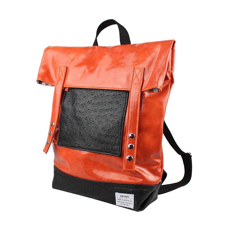 AMINAH-Orange buttoned back backpack [am-0288] - กระเป๋าเป้สะพายหลัง - หนังเทียม สีแดง