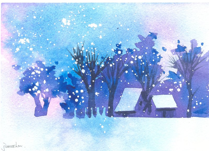 聖誕卡片「療癒系樹林系列1-102」水彩手繪限量版明信片/賀卡 - 心意卡/卡片 - 紙 藍色