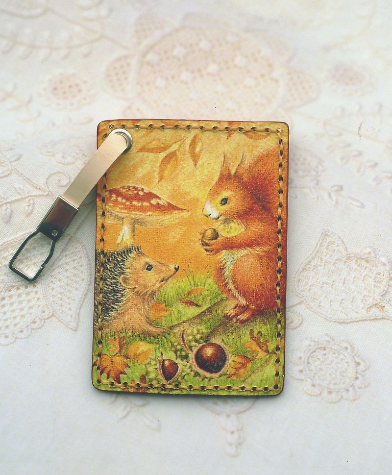 Squirrel Hedgehog Easy Card Holder/Ticket Holder/Card Holder - ที่ใส่บัตรคล้องคอ - หนังแท้ 