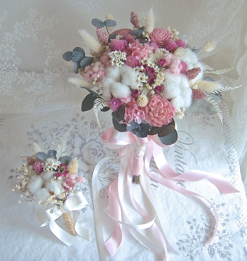 Masako mini roses cotton colorful dried flowers bouquet mix and match immortal flower bride bouquet & bride bride wedding dress custom - เข็มกลัด - พืช/ดอกไม้ สึชมพู