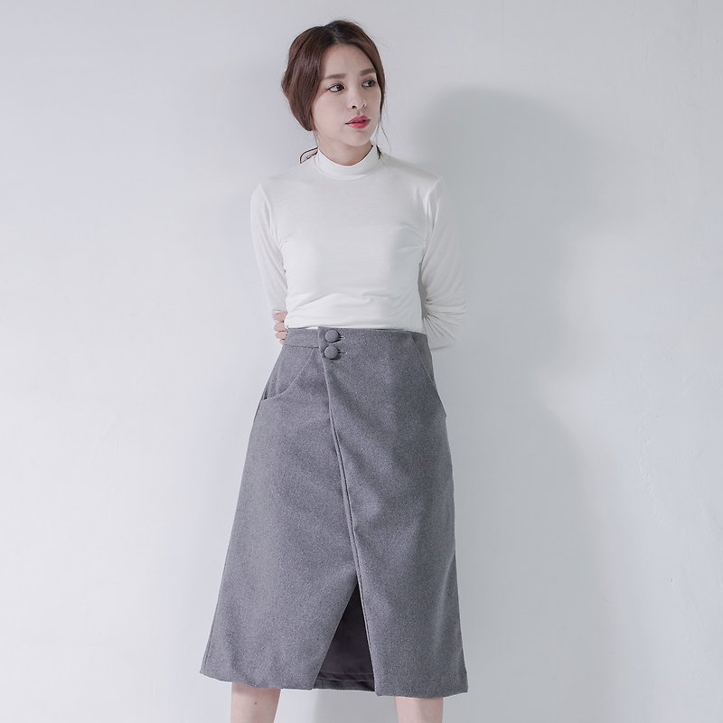 Furcal wool front bag buckle A word skirt _5AF403_毛灰 - Skirts - Cotton & Hemp Gray