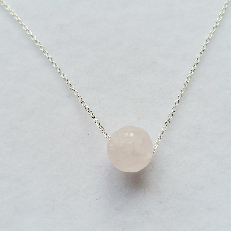 10m m carved rose quartz Stone silver necklace clavicle - Necklaces - Gemstone Pink
