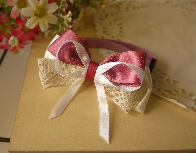 Safe Pet Collar x Rose Pink. Lace dot cat dog/neck tie/bow tie/jiujiu - Collars & Leashes - Cotton & Hemp Red