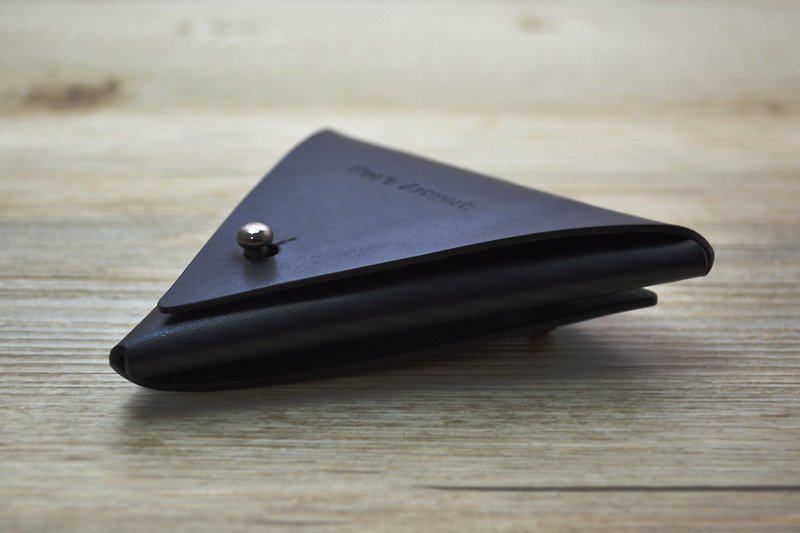 黑色植鞣革手作雙面三角零錢包 - 零錢包/小錢包 - 真皮 黑色