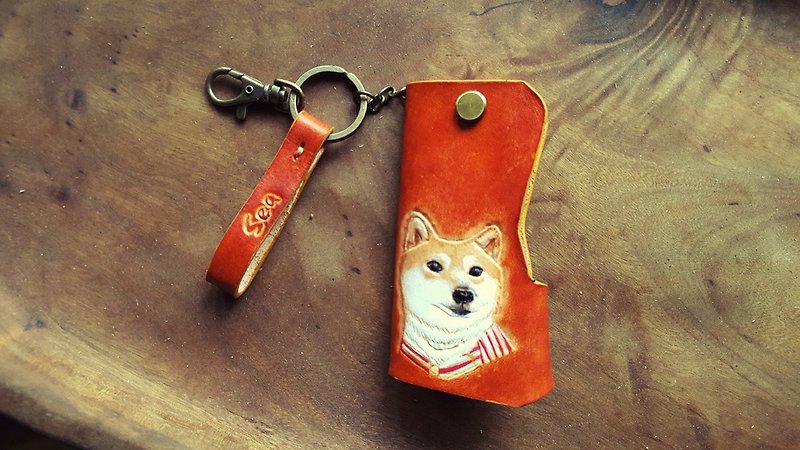 Customized dog Xiaochai British brown pure leather key case (lover, birthday gift) - ที่ห้อยกุญแจ - หนังแท้ สีนำ้ตาล