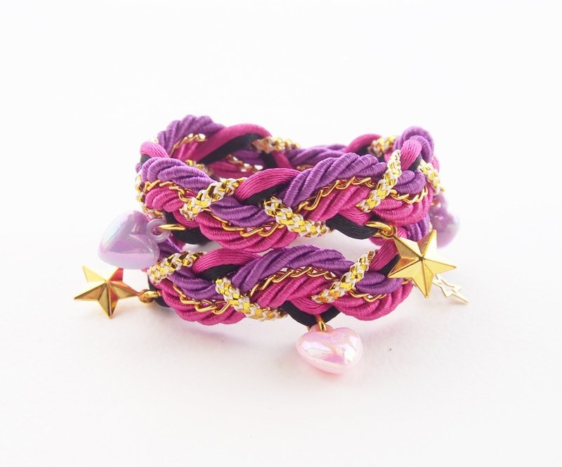 ♥ ELBRAZA ♥ Pink double stand bracelet with heart and star cham - สร้อยข้อมือ - วัสดุอื่นๆ สึชมพู