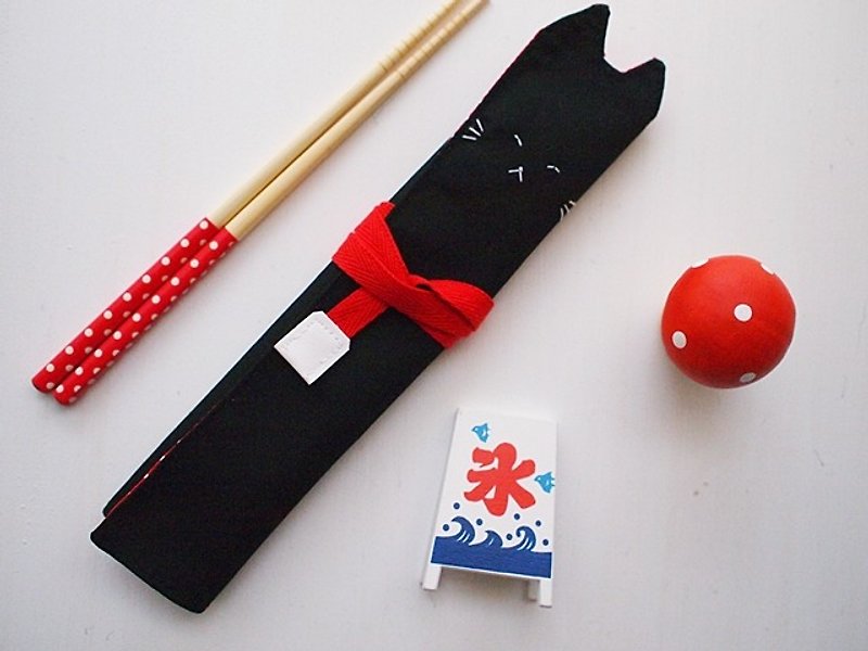 hairmo Proud Cat Chopsticks Set/Tableware Bag/Pen Case-Black + Red Dot - ตะเกียบ - วัสดุอื่นๆ สีดำ
