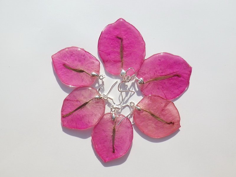 Pink Bougainvillea Petal Earrings, Resin and Real Flower Petal Earrings, Silver Jewelry - ต่างหู - พลาสติก 