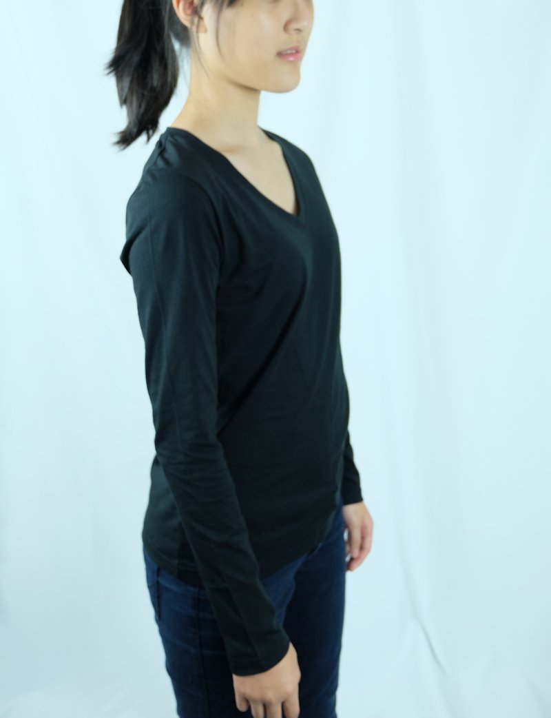 Gain Giogio solid color women's V-neck long-sleeved 100% organic cotton T - เสื้อยืดผู้หญิง - ผ้าฝ้าย/ผ้าลินิน สีเทา