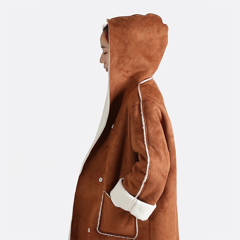 Leather stitching hooded cashmere coat complex one - เสื้อแจ็คเก็ต - วัสดุอื่นๆ สีนำ้ตาล