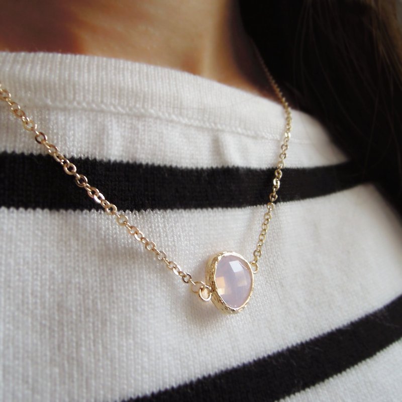 貴石、金メッキの縁取りガラス模造品、ネックレス、やわらかなピンク（40cm / 16インチ） - ネックレス - 宝石 ピンク