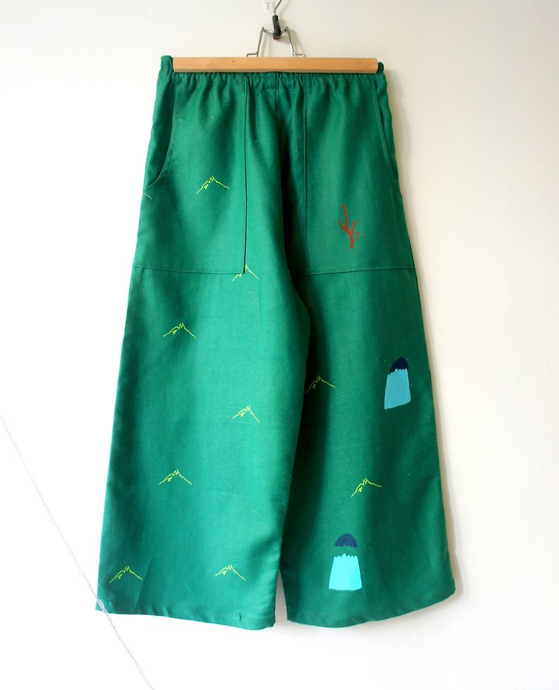 綠綠棉麻山頭寬褲 / - 女長褲 - 棉．麻 綠色