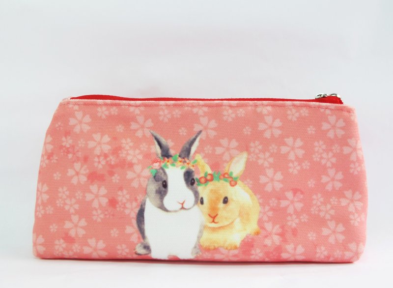 兔兔 粉紅 櫻花 化妝包 雜物包 筆袋 收納包 - 化妝袋/收納袋 - 其他材質 粉紅色
