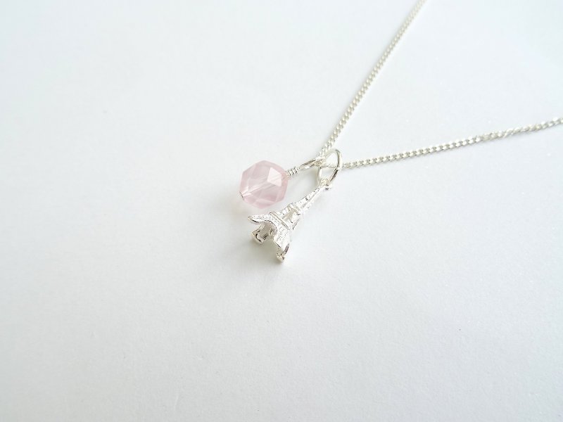 Faceted Rose Quartz & Sterling Silver Eiffel Tower Two Pendants Necklace - สร้อยคอทรง Collar - เงินแท้ สึชมพู