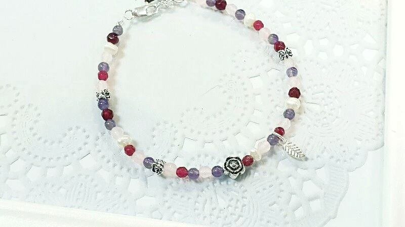 Paris*Le Bonheun。幸福手作。純銀x天然石x粉晶x紅寶玉髓x紫水晶。極細緻手環手鍊。粉紫系 - 手鍊/手環 - 寶石 粉紅色