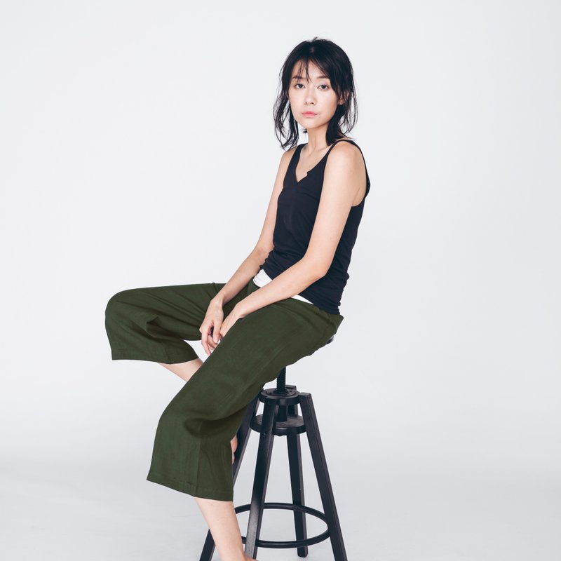 Linen pants - dark green - กางเกงขายาว - ผ้าฝ้าย/ผ้าลินิน สีทอง