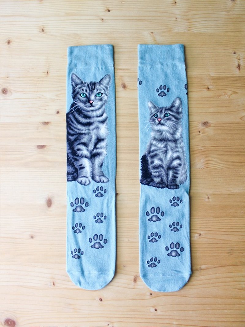 JHJ Design Canadian Brand High Color Knitted Cotton Socks Cat Series American Shorthair (Female) Cats Love Cats Cute - ถุงเท้า - วัสดุอื่นๆ สีน้ำเงิน