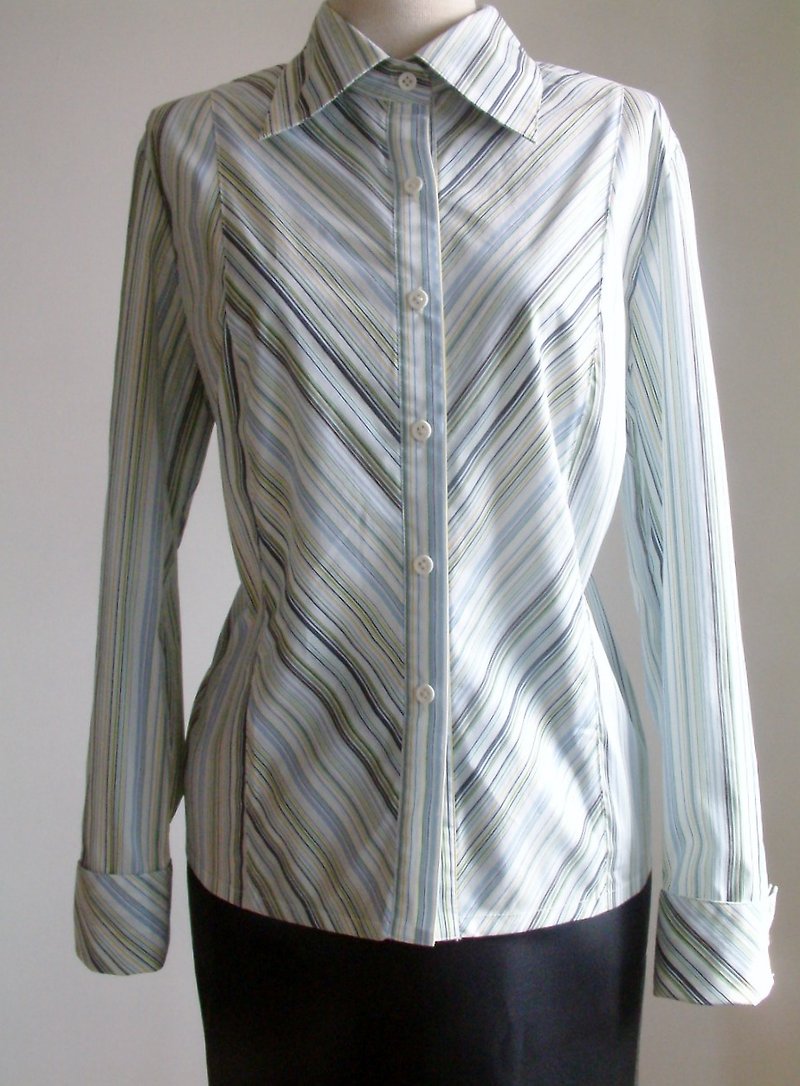 條紋長袖襯衫-藍綠調 - 恤衫 - 其他材質 多色