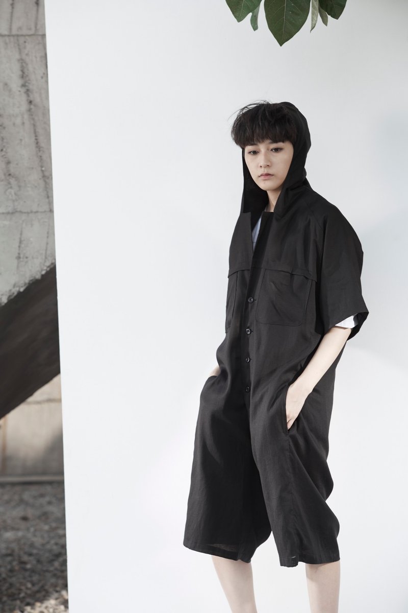 TRAN - Hooded Shorts - Overalls & Jumpsuits - Cotton & Hemp Black