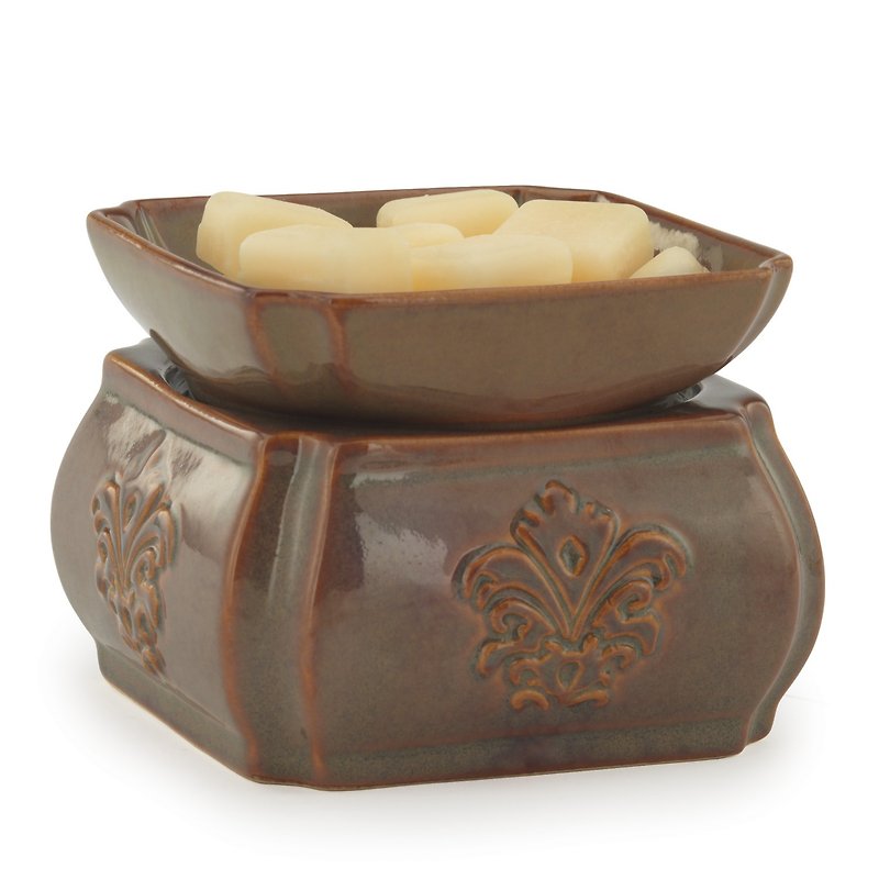 Hot Additions _ dual fragrance candle warm table + Singles Back in stock !! Red Rock & Toffee Damask Candle Warmer and Dish - Candles & Candle Holders - Porcelain Brown