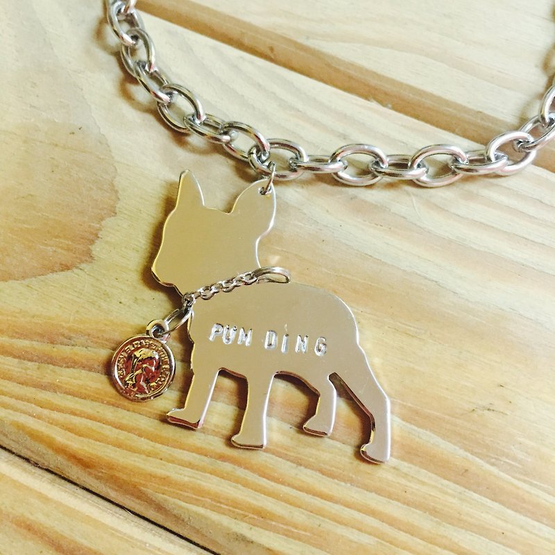 Oops French Bulldog Silhouette Stainless Steel Dog Necklace-Christmas Gift- - ปลอกคอ - โลหะ สีเทา