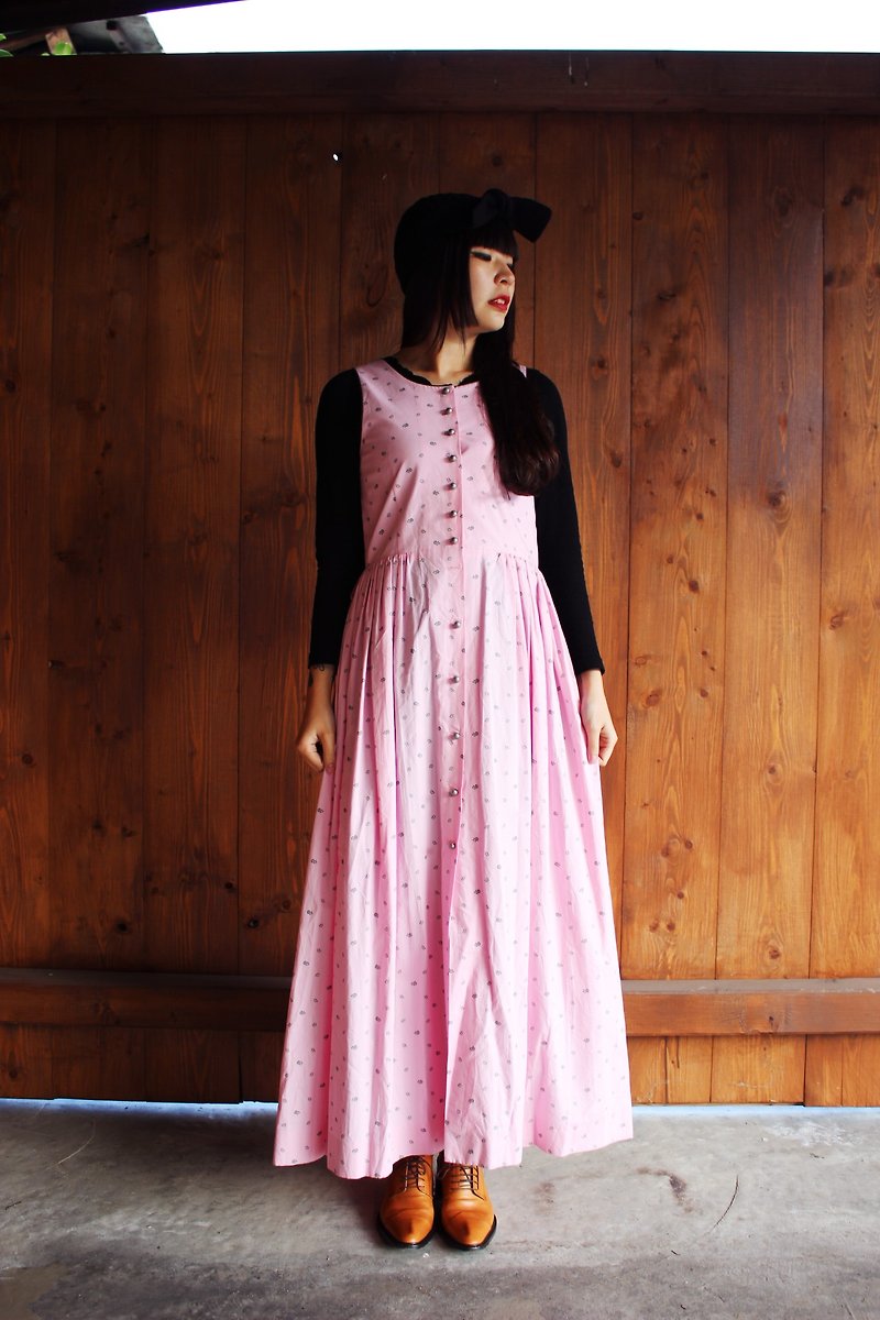 F841 (Vintage) small pink floral Long cotton vest dress (traditional Austrian Dirndl) [made in Austria bids] - ชุดเดรส - วัสดุอื่นๆ สึชมพู