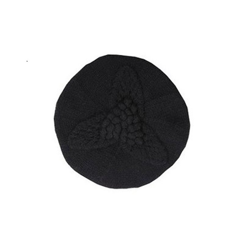 Black Virgin Wool Leaf Beret - หมวก - ขนแกะ สีดำ