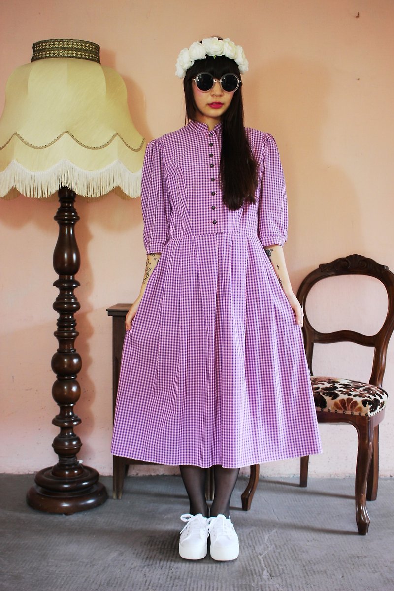 F1108[奧地利傳統服飾](Vintage)紫色粉紅色精緻格紋棉質古著洋裝(婚禮/野餐/派對) - 連身裙 - 其他材質 紫色