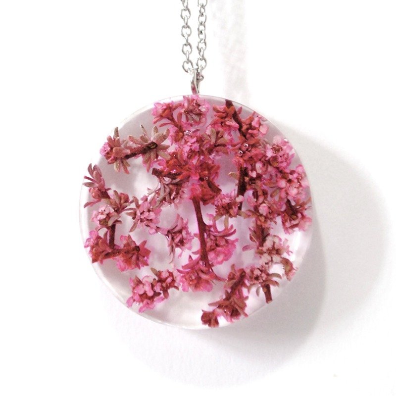 Color Control Room Round Dry Flower Necklace / Pink String Heather / "Flower In Ice" series - Necklaces - Plants & Flowers Pink
