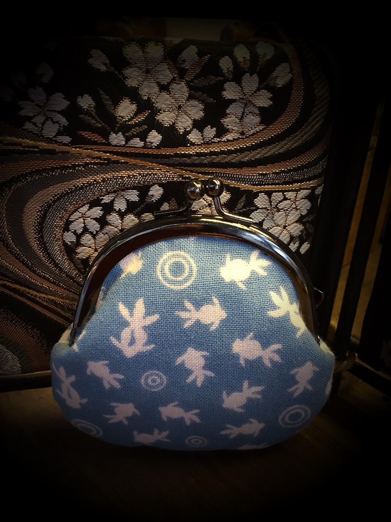日本の金魚銅板ゴールドバッグ - 小銭入れ - コットン・麻 ブルー