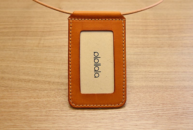 pipilala handmade leather vegetable tanned leather straight jacket identification card travel card vintage beige + brown stitching - ที่ใส่บัตรคล้องคอ - หนังแท้ สีนำ้ตาล