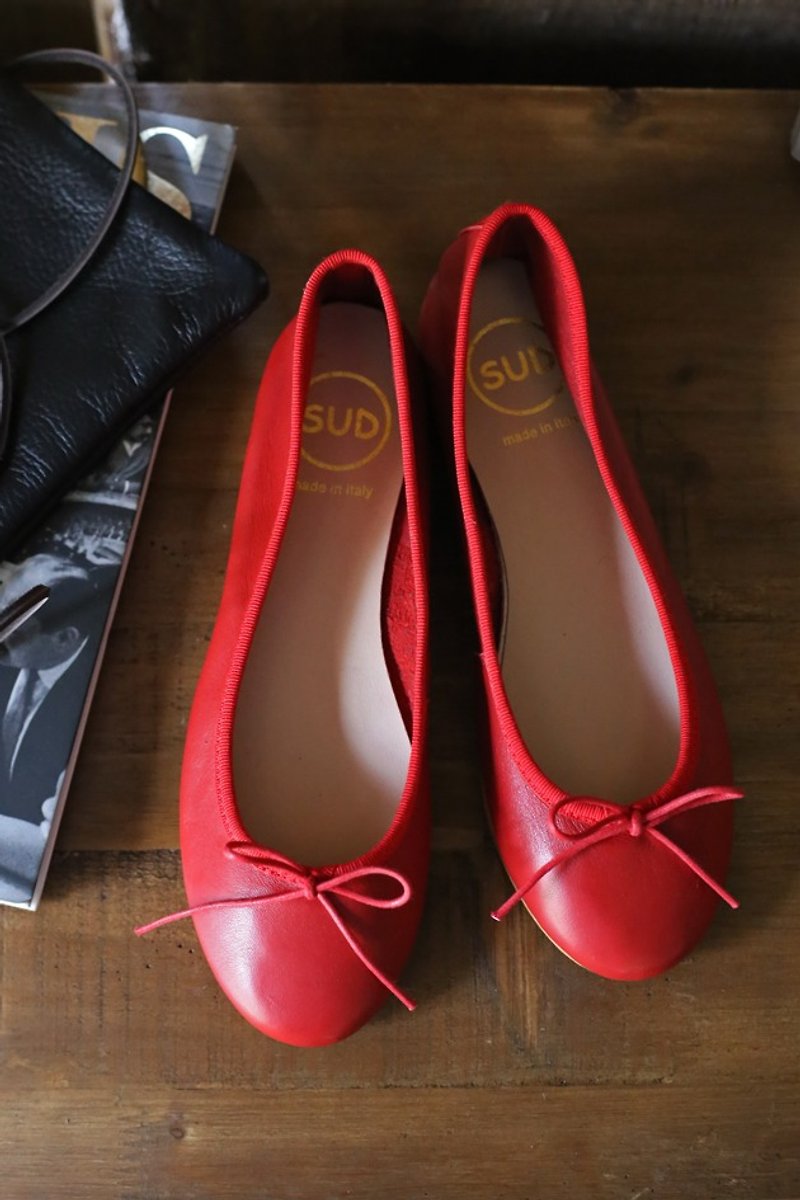 真皮 娃娃鞋/平底鞋 紅色 - SUD義大利牛皮芭蕾鞋Macaron莓果紅