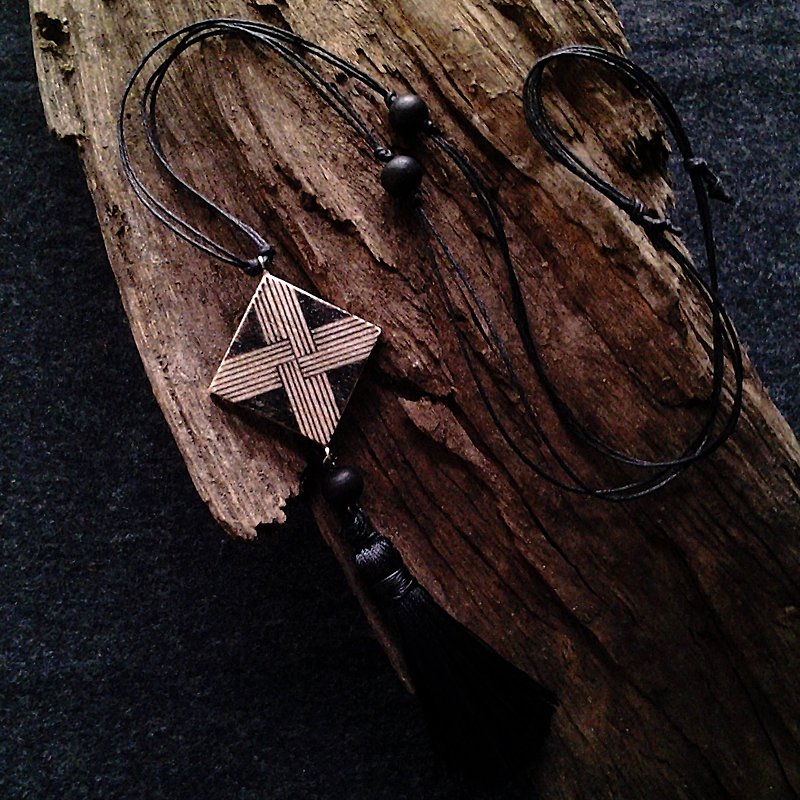 Muse wood painted lines cross beaded black imitation leather cord tassel necklace - Necklaces - Wood Black