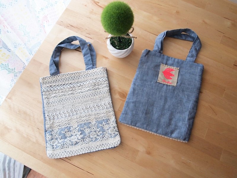 original serigraphy birds weave lace packet (I150555) - Handbags & Totes - Cotton & Hemp Blue