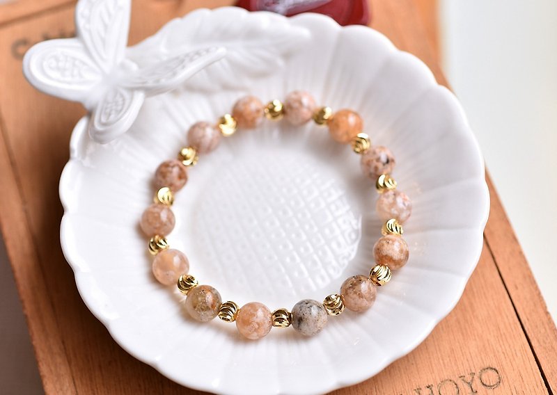 Gobi color agate * engraved gold-plated bead bracelet - สร้อยข้อมือ - เครื่องเพชรพลอย หลากหลายสี