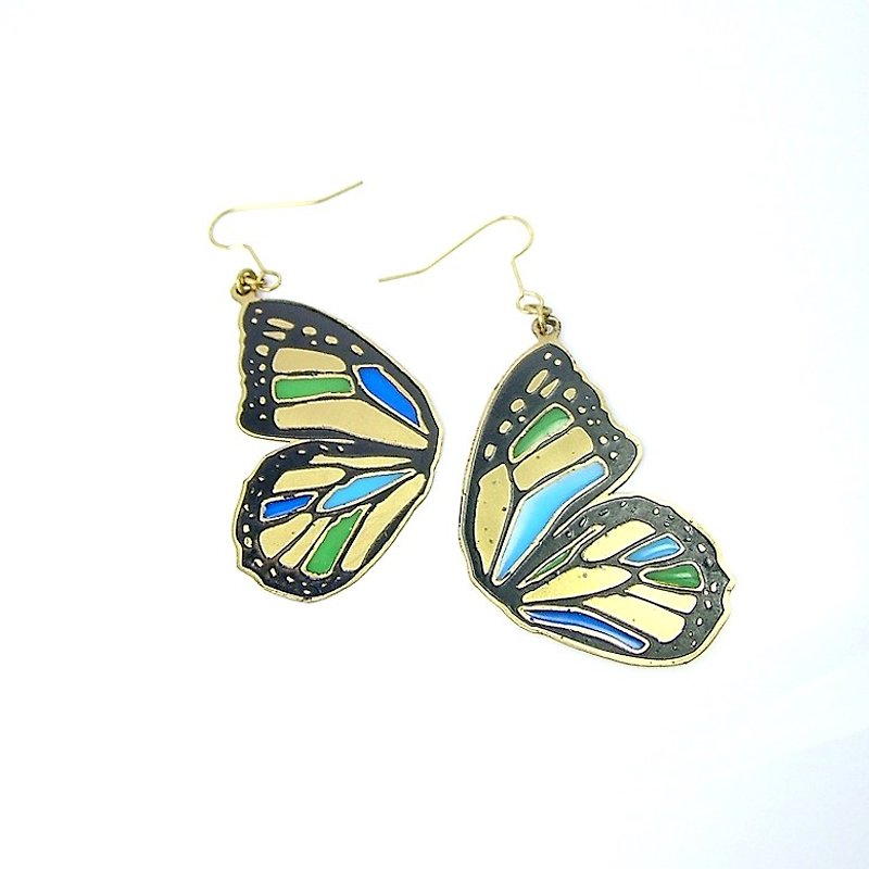 Butterfly wing blue stand glass earring in brass hand sawing - ต่างหู - โลหะ 