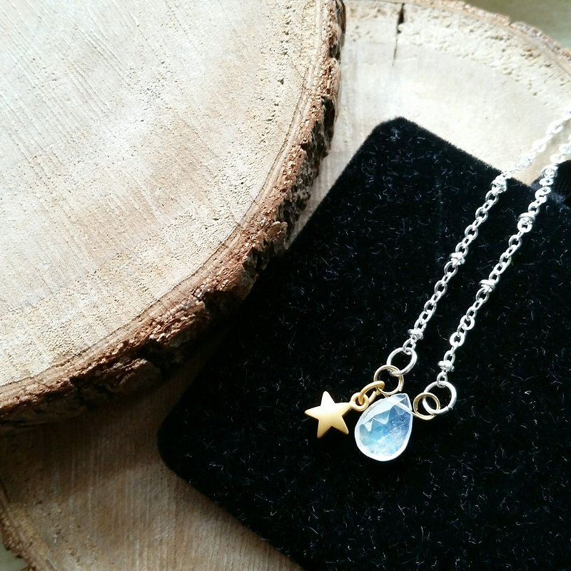 小星星, 玻璃體月光石 鍍銀鎖骨項鍊 - 項鍊 - 寶石 藍色