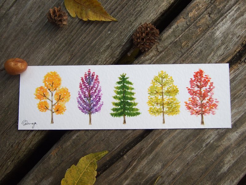 Autumn mini trees - watercolor hand-painted bookmark card (original) - โปสเตอร์ - กระดาษ หลากหลายสี